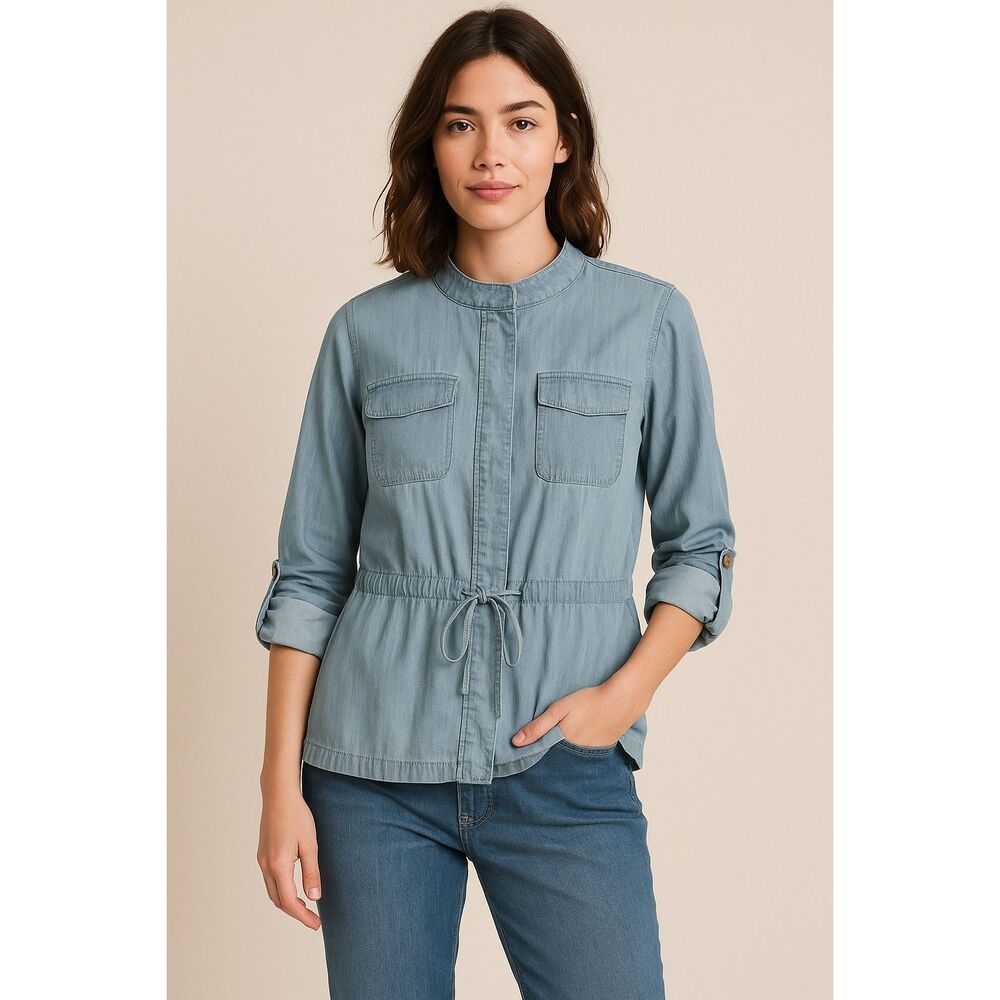 CHICO'S Shirt Womens Size 2 Blue Chambray Roll Tab Sleeve Button Down Drawstring